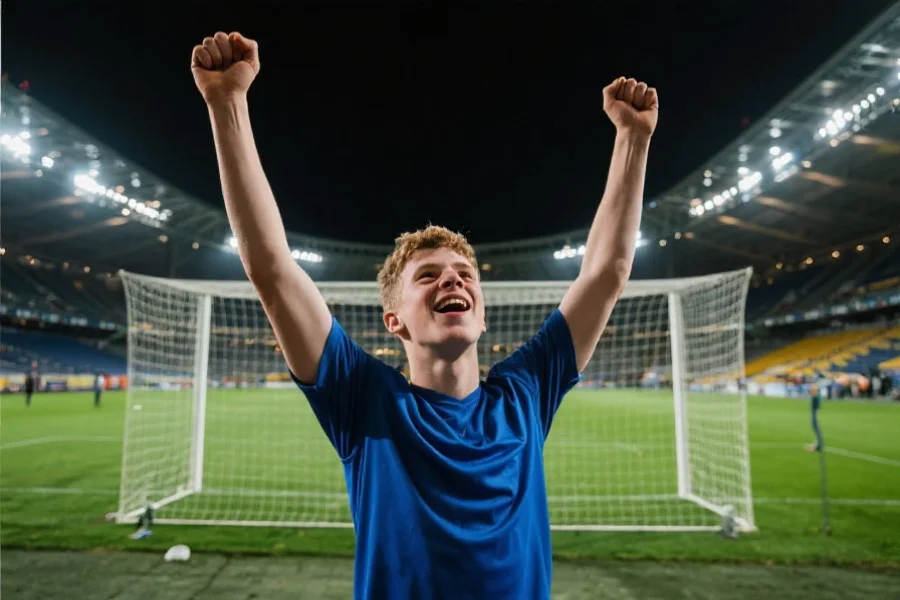 年轻球员在球场上高举双手庆祝进球，背景为夜晚灯光下的欧洲大型足球场